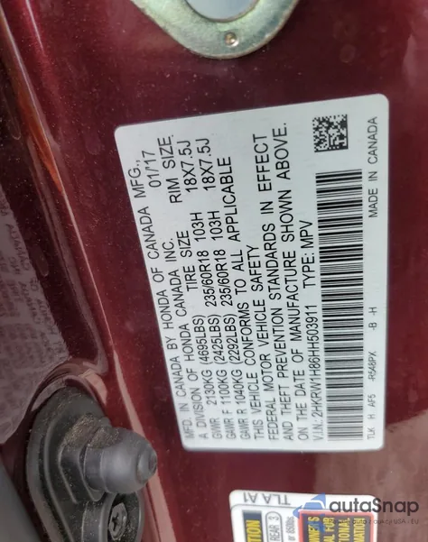 2017 Honda Cr-V Exl from USA, damaged, VIN 2HKRW1H86HH503911
